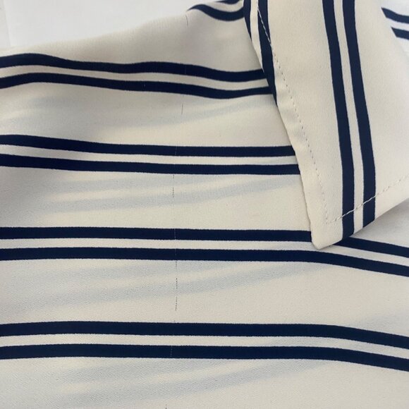 Talbots Petites XLP White & Navy Striped Button-Down Blouse Roll Tab Sleeves Car - Picture 6 of 9